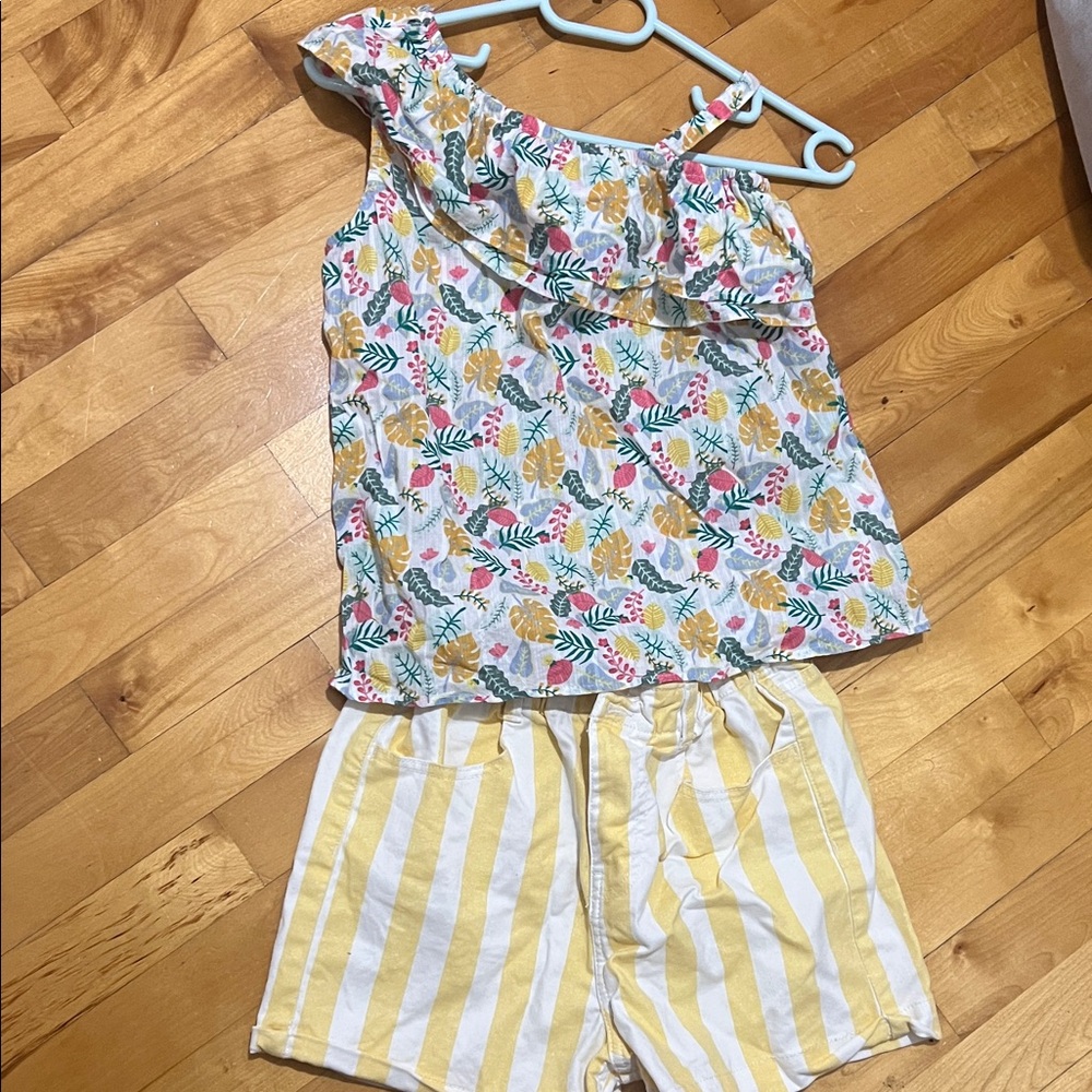 Floral One-Shoulder Top and Striped Shorts Set